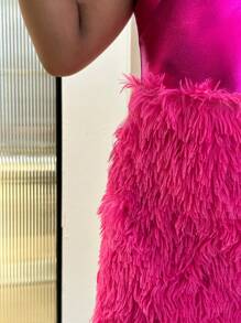 Tween Girl Party Holiday Solid Fuchsia Patchwork Asymmetric Neck Glitter Metallic Feather Hem Party Mini Dress Mommy And Me Matching Outfits (2 Pieces Sold Separately) - Hot Pink - View 7