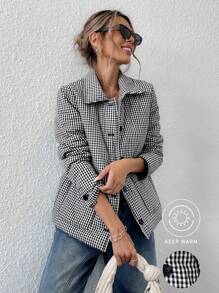 Aveloria Modichic Women's Classic Plaid Stand Collar Padded Padded Coat With Pockets, Simplistic Design, Autumn/Winter Clothes  - Black - View 1