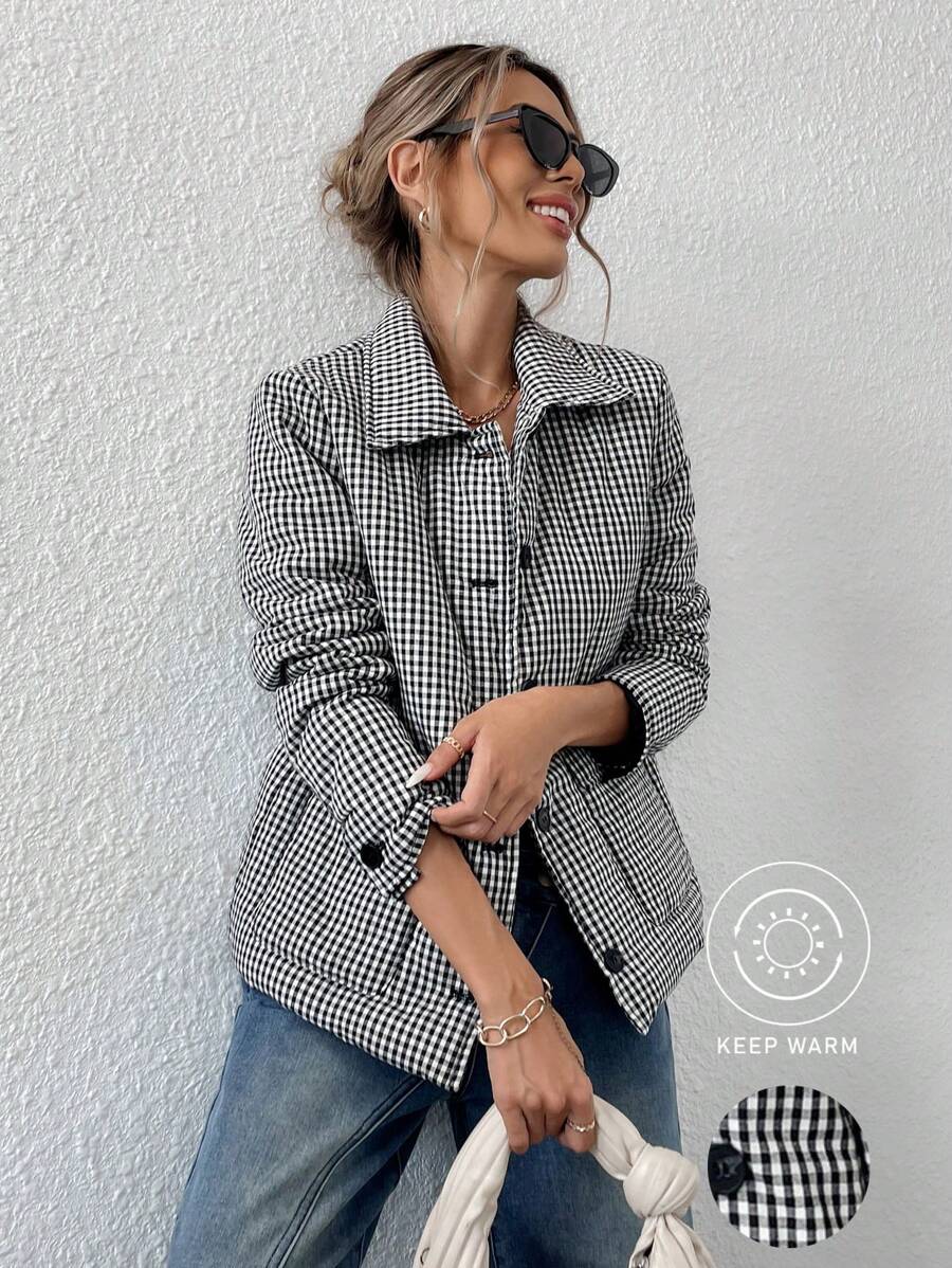 Aveloria Modichic Women's Classic Plaid Stand Collar Padded Padded Coat With Pockets, Simplistic Design, Autumn/Winter Clothes  - Black - View 1