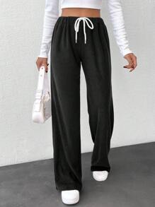 SHEIN Women's Solid White Drawstring Detailed Pants - Black - View 1