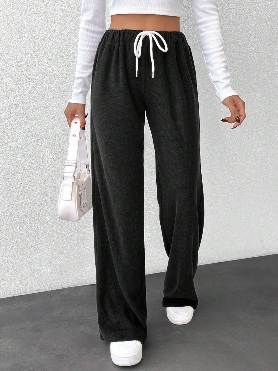 SHEIN Women's Solid White Drawstring Detailed Pants - Black - View 1
