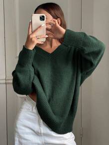 DAZY Women Loose Casual V-Neck Dropped Shoulder Long Sleeve Sweater, Solid Color, Autumn/Winter - Dark Green - View 5