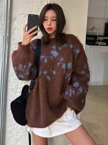 DAZY Asymmetrical Jacquard Pattern Oversized Pullover Sweater For Women,Fall Women Clothes - Brown - View 7
