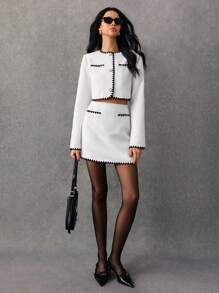 Poéselle 白色粗花呢两件套，两件套服装，黑色撞色边缘西装，2 件女式花卉饰边单排扣长袖西装外套和中长裙优雅套装，秋季，优雅女装，Siren Office，轻松别致必备，适合日常、街头、通勤等场合穿着 - 黑與白 - 查看 1