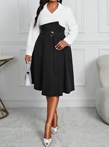 Fleurora Spring And Summer Autumn And Winter Elegant Casual Commuting Office Black White Woven Shirt Collar Flared Shirt Sleeve Plus Size Dresses Flared Set