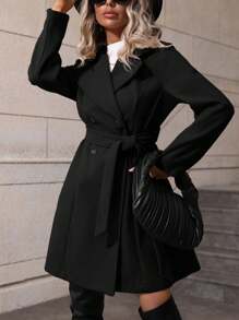 SHEIN PETITE Women's Casual Solid Color Double-Breasted Coat, Autumn / Winter
