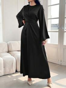 Modelyn 勃艮第红色女士纯色缎面优雅收腰连衣裙，优雅晚会礼服长款晚礼服 - 黑色 - 查看 5