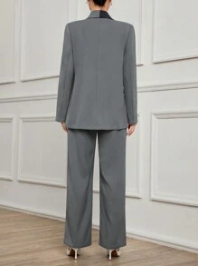 Modelyn Damen koreanischer Stil Lässig Farbblock Patchwork Blazer Jacke & Hose 2-teiliger Hosenanzug