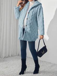 SHEIN Maternity Solid Button Front Hooded Fleece Long Sleeve Jacket, Jacket, Autumn/Winter - Blue - View 7