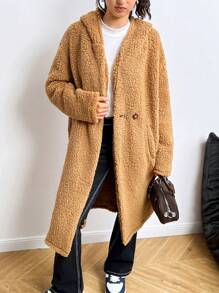 SHEIN 青少年女孩长款连帽休闲棕色泰迪羊毛夹克，可爱外套，返校外套，秋冬