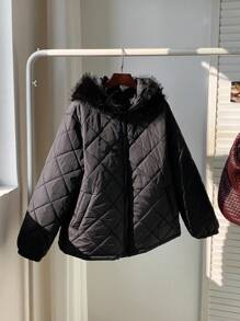 SHEIN EZwear 大码女式休闲日常拉链连帽绗缝黑色棉服外套，冬季 - 黑色 - 查看 5