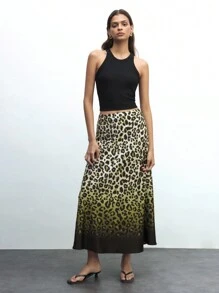 Maija Falda tipo A elegante para mujer con estampado digital de leopardo sobre base verde, adecuada para fiestas, el Día de San Valentín, festivales, primavera/verano