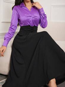 Modelyn Women's Colorblock Collar Pleated Elegant Long Sleeve Dress Long Evening Dresses