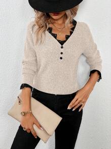 SHEIN LUNE 1pc Women Elegant V-Neck Contrast Color Block Lace Button Decoration Pullover Sweater Knit Pullover Fall Winter - Apricot - View 4