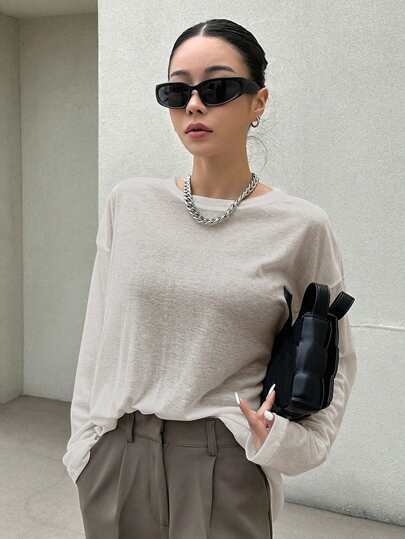 DAZY 纯色宽松长袖圆领女式上衣学院风上衣