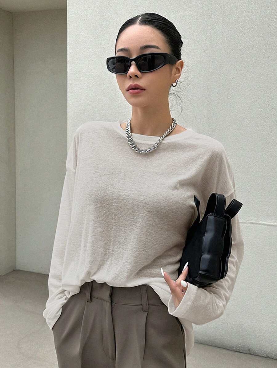 DAZY 纯色宽松长袖圆领女式上衣学院风上衣 - 杏色 - 查看 1