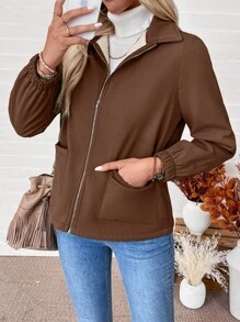 EMERY ROSE Jaqueta Longa Casual de Lã Composta com Bolso e Zíper Frontal, de Manga Longa