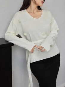 Modelyn Conjunto de 2 piezas para mujer: Suéter con cuello en V, hombros caídos, manga larga, aplicación floral y cinturón en la cintura & Falda larga tipo maxi, conjunto de 2 piezas para otoño e invierno