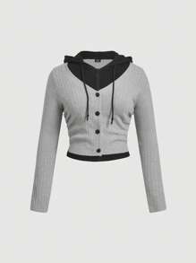 SHEIN MOD Plus Size Retro Campus Style Color Block Drawstring Hoodies T-Shirt