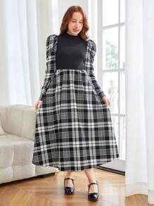 SHEIN 少女黑白立领 A 字型中长连衣裙，带几何图案和羊腿袖，适合户外和派对穿着 - 黑色 - 查看 3