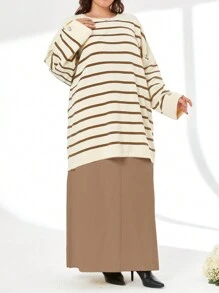 SHEIN Cottnline Striped Pattern Drop Shoulder Sweater & Knit Skirt - Brown - View 6
