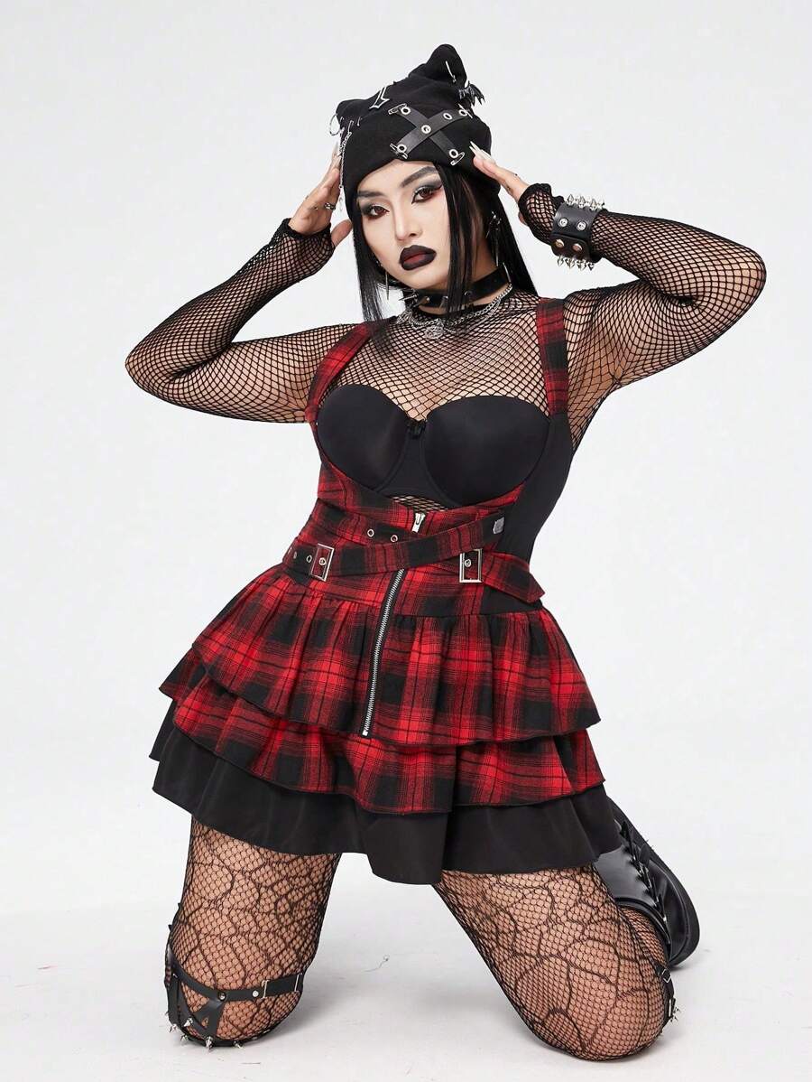 Whyspr Goth Punk Plus Size Women Goth Punk Gothic Plaid Pinafore Jumper ...