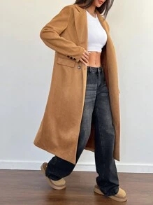 Flirla 1 pieza Chaqueta larga de mujer de invierno/otoño con botones delanteros, bolsillos y estilo retro - Blanco - Ver 6