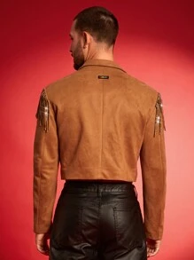 FeverCity 男士平领长袖休闲西装外套，流苏装饰，简约设计