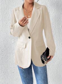 SHEIN PETITE 女士纯色前扣长袖翻领简约休闲西装外套