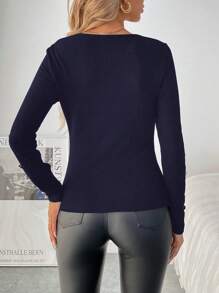 SHEIN Clasi 休闲纯色修身长袖 T 恤，适合秋季 - 藏蓝色 - 查看 2
