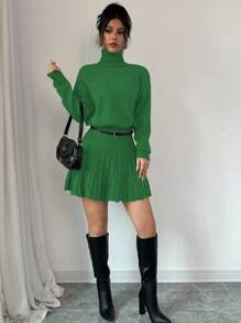 Calvaya 2pcs/Set Solid Color Pleated Loose Casual Skirt Suit, High Neck Sweater