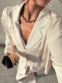 SHEIN Frenchy Women's Solid Color Lapel Neck Long Sleeve Single-Breasted Casual Shirt, Autumn,Long Sleeve Shirt,Holiday Outfits Winter Elegant - Apricot - View 3