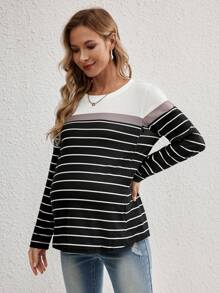 SHEIN Maternity Casual Striped Nursing Top, Loose Round Neck Long Sleeve Tee For Pregnant Women