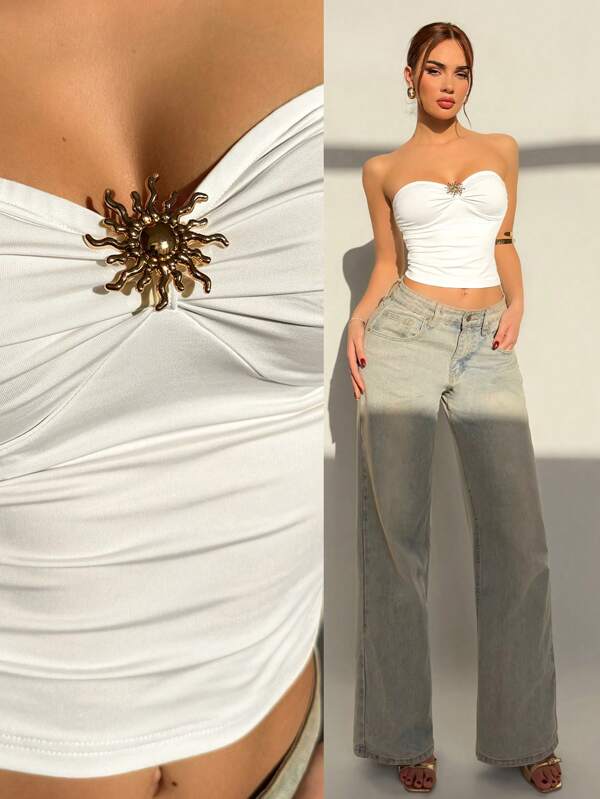 Aloruh 1pc Elegant Solid White Crop Top With Metal Accessories, Strapless