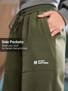 In My Nature Women's Front Tie Pocket Letter Print Casual Hiking Pants, Minimalist Design - Army Green - View 4