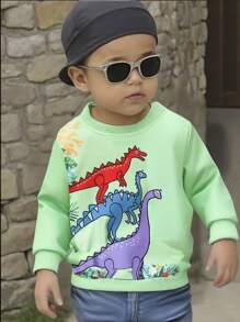 SHEIN Young Boy Dinosaur Print Casual Crew Neck Sweatshirt, Autumn/Spring - Mint Green - View 3
