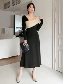 DAZY 1pc Women Asymmetric Contrast Color Sweater Dress Off Shoulder,Fall Clothes - Black - View 7