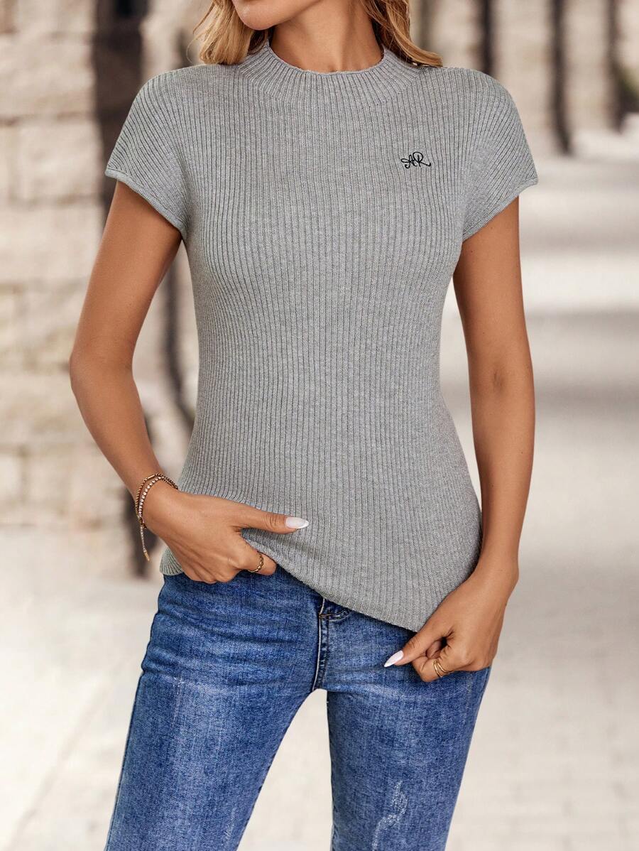 EMERY ROSE 女士字母刺绣圆领休闲短袖针织上衣 - 灰色 - 查看 1
