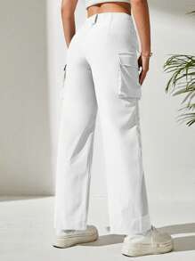 SHEIN PETITE Women's Solid Color Cargo Straight Loose Pleated Pants - White - View 2