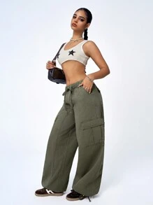 SHEIN ICON Jeanoix 女士时尚休闲绿色抽绳腰部多口袋宽松牛仔裤 - 綠色 - 查看 6