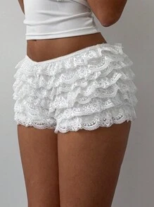 Aloruh Women's Fashion Color Contrast Lace Trim Mesh Multilayer Ruffle Edge Cake Shaped Super Short Shorts, Music Festival, Spring/Summer