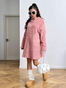SHEIN Váy rộng rãi thoải mái màu hồng cho bé gái tuổi teen, váy phong cách thường ngày của trường đại học, mùa thu/đông - Hồng - Xem 7