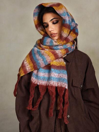 Grunge Punk 1pc Color Block Striped Scarf, Thick Warm And Soft Winter Scarf, Fashionable Rectangular Oversized Scarf For Daily Wear