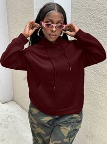 INAWLY 女士纯色落肩长袖袋鼠口袋抽绳连帽休闲运动衫，秋冬季，长袖上衣