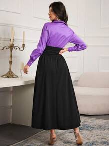 Modelyn Women's Colorblock Collar Pleated Elegant Long Sleeve Dress Long Evening Dresses