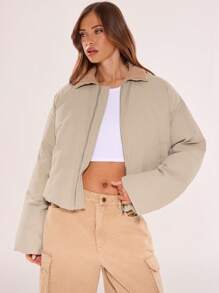 MUSERA Faux Fur Collar Padded Coat - Khaki - View 1