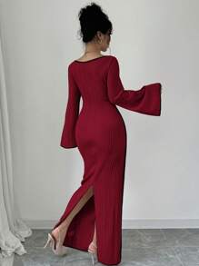 Firerie Women's Contrast Color Tie Strap Square Neck Flared Sleeve Split Hem Dress, Apricot - Burgundy - View 2