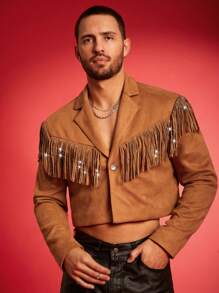 FeverCity 男士平领长袖休闲西装外套，流苏装饰，简约设计