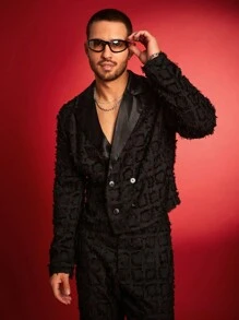 FeverCity 男士前扣长袖简约休闲西装外套，适合秋冬 - 黑色 - 查看 1