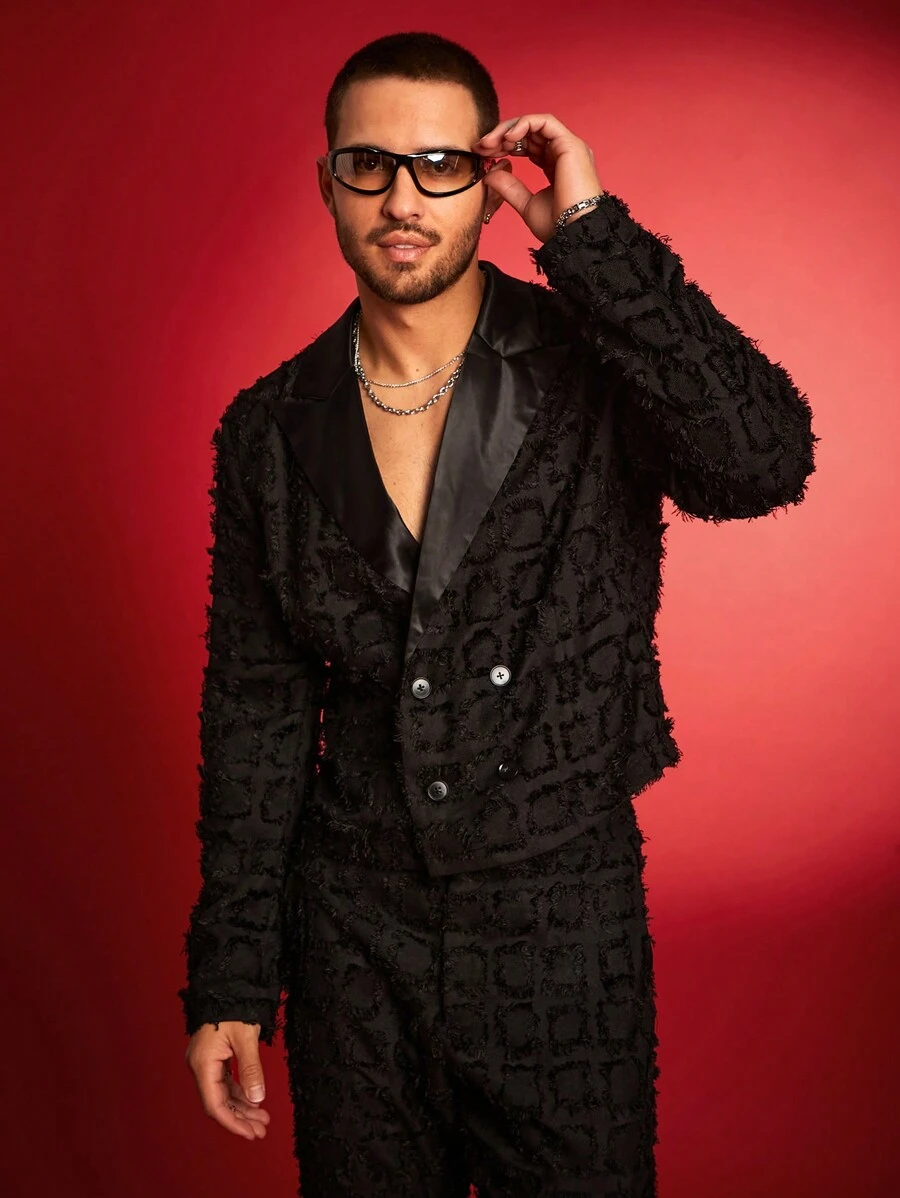 FeverCity 男士前扣长袖简约休闲西装外套，适合秋冬 - 黑色 - 查看 1